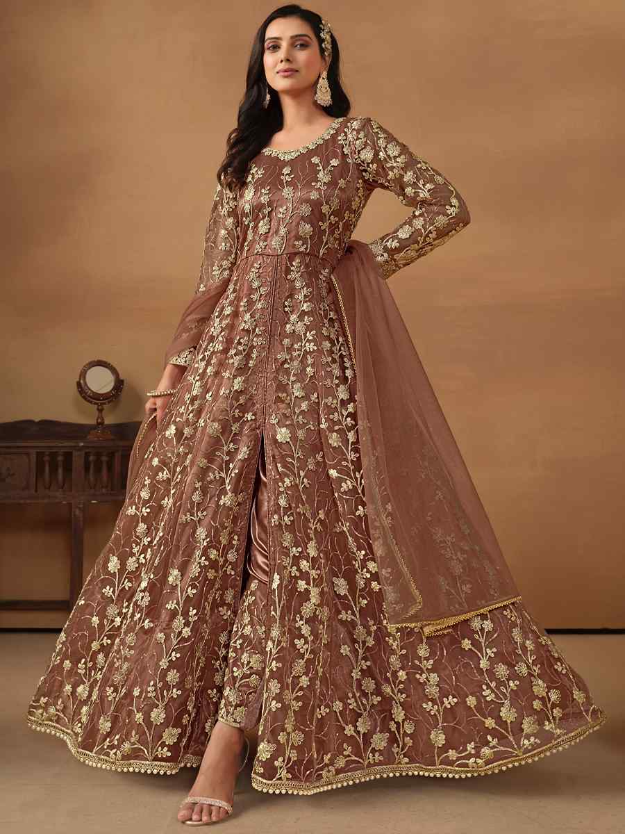 Brown Net Embroidered Festival Wedding Anarkali Salwar Kameez