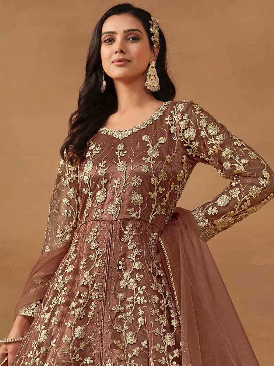 Brown Net Embroidered Festival Wedding Anarkali Salwar Kameez
