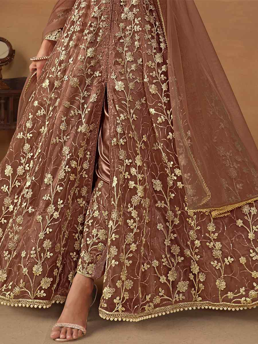 Brown Net Embroidered Festival Wedding Anarkali Salwar Kameez