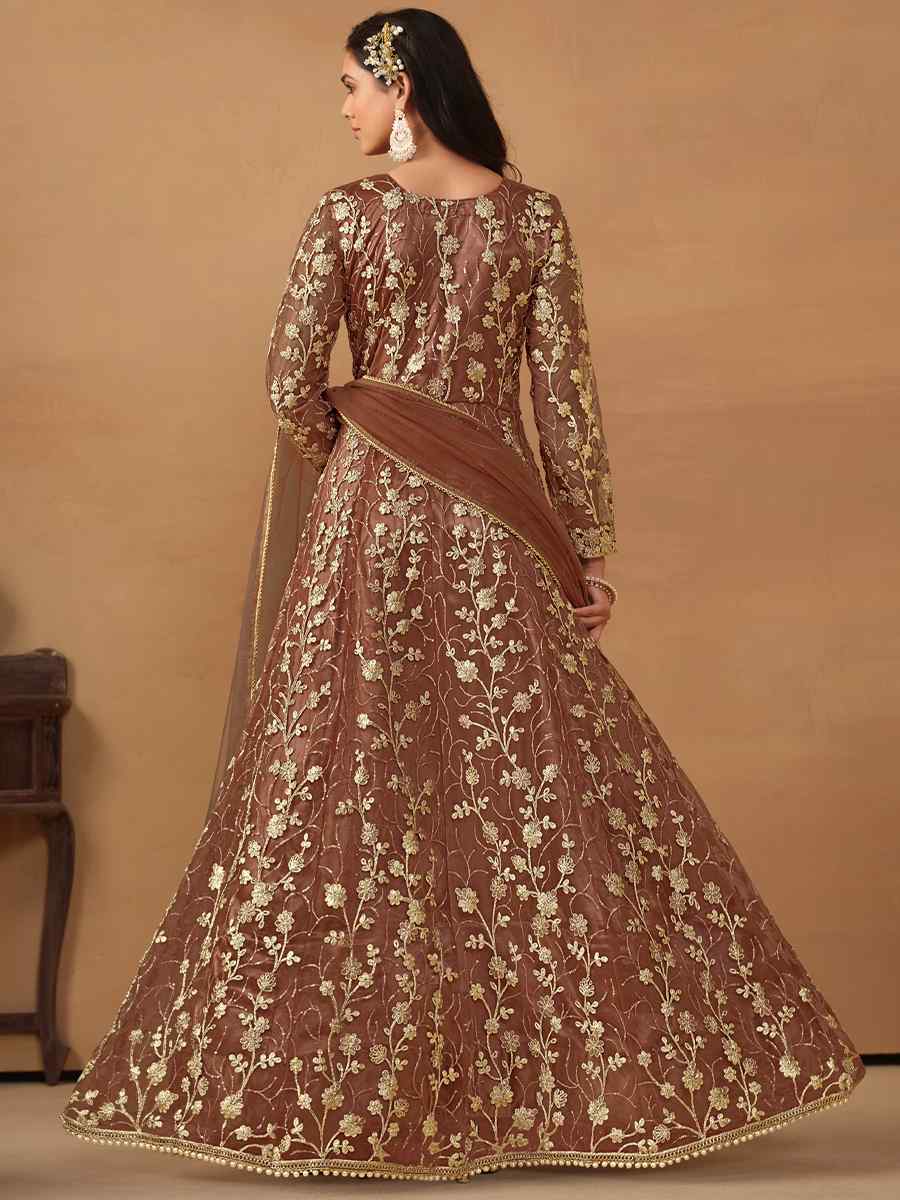 Brown Net Embroidered Festival Wedding Anarkali Salwar Kameez