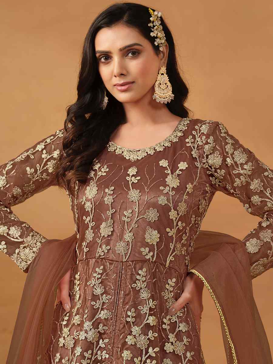 Brown Net Embroidered Festival Wedding Anarkali Salwar Kameez