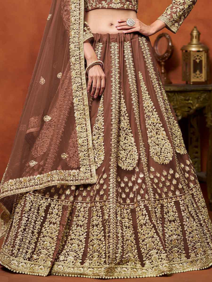 Brown Net Embroidered Wedding Bridesmaid Heavy Border Lehenga Choli