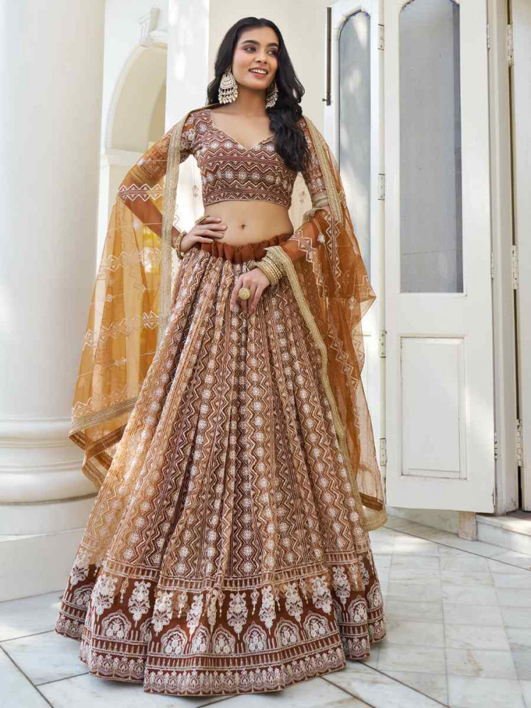 Image of Brown Net Embroidered Wedding Reception Festival Heavy Border Lehenga Choli