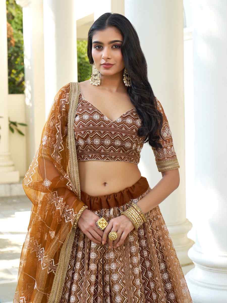 Brown Net Embroidered Wedding Reception Festival Heavy Border Lehenga Choli
