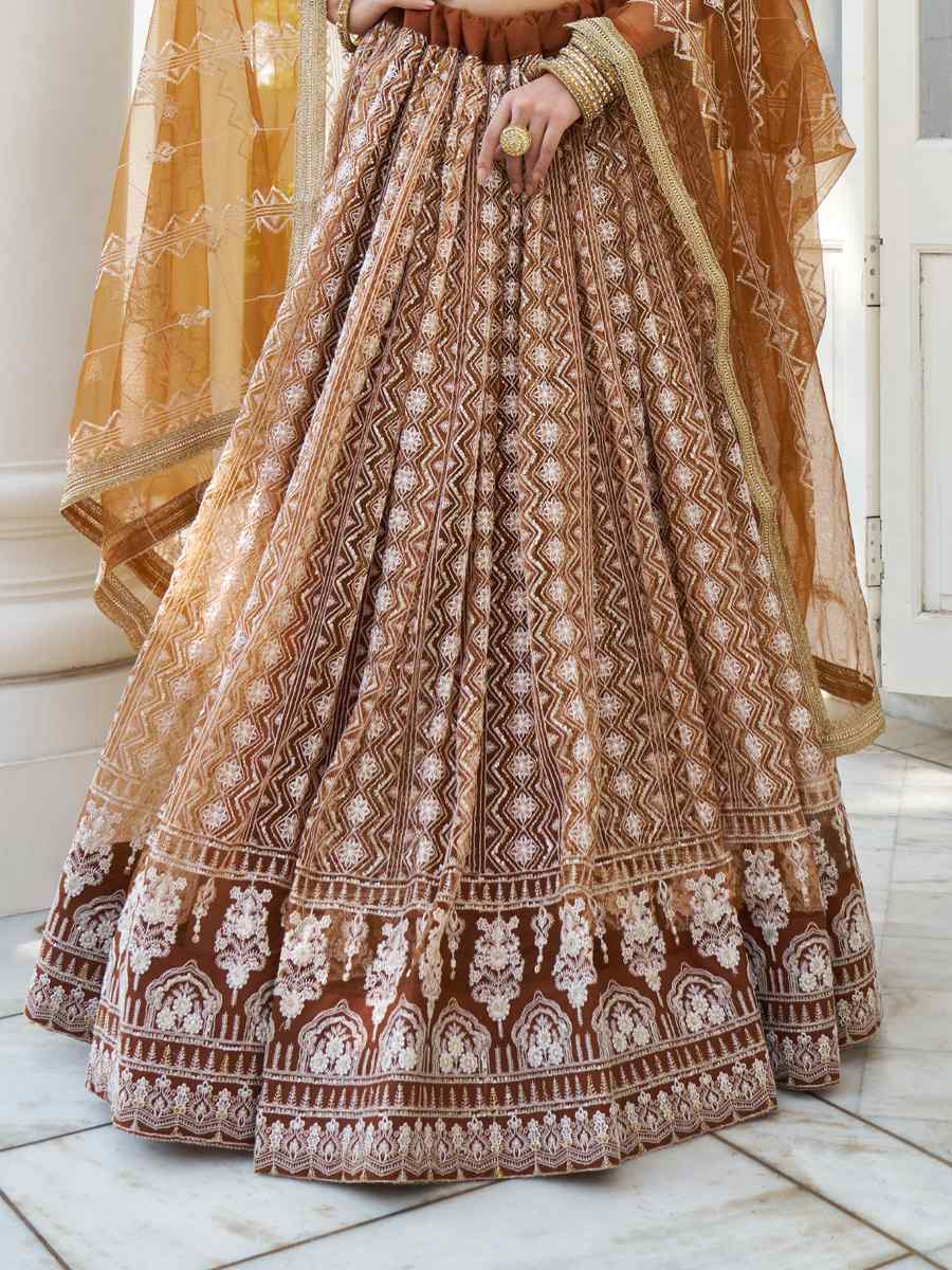Brown Net Embroidered Wedding Reception Festival Heavy Border Lehenga Choli