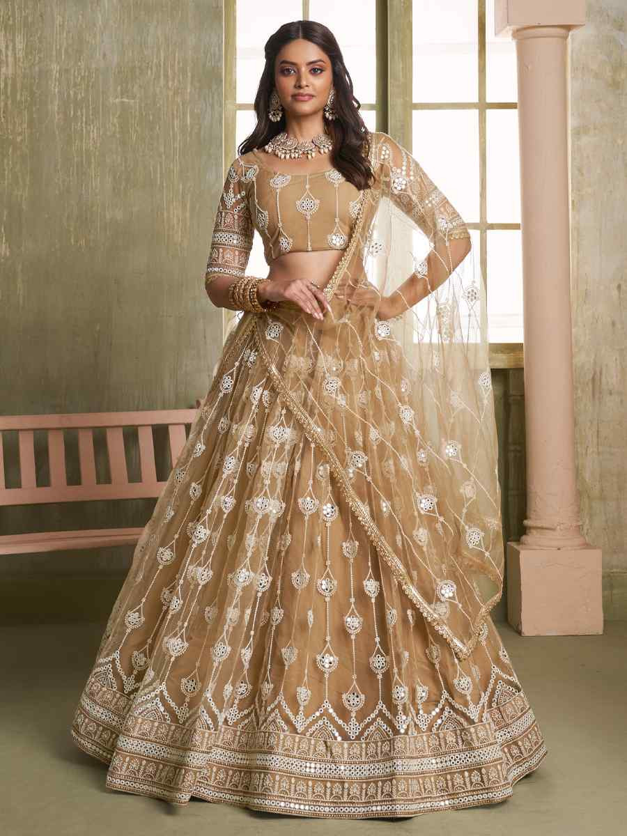 Brown Net Embroidered Wedding Reception Festival Heavy Border Lehenga Choli