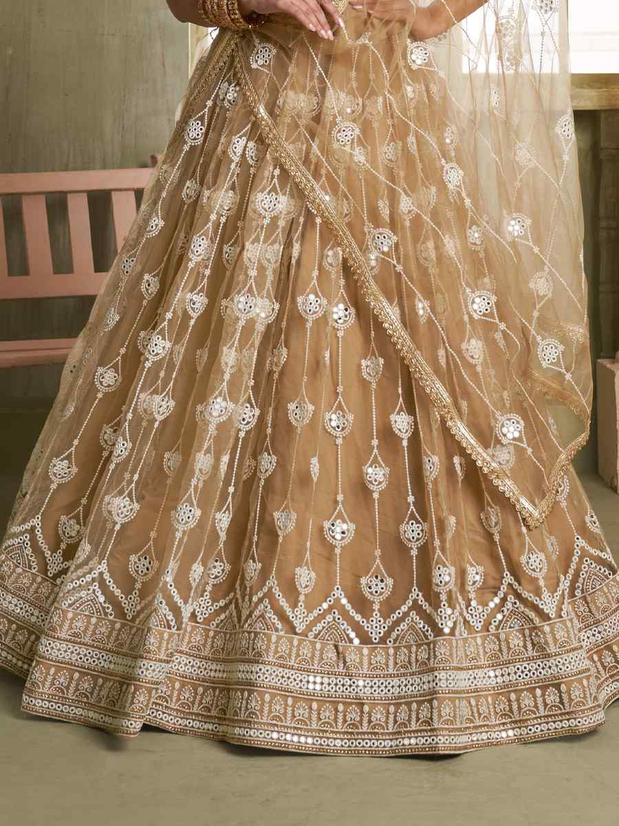 Brown Net Embroidered Wedding Reception Festival Heavy Border Lehenga Choli