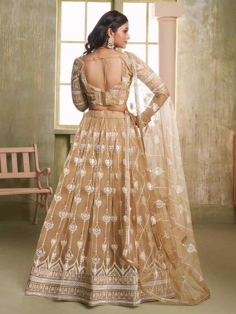 Brown Net Embroidered Wedding Reception Festival Heavy Border Lehenga Choli