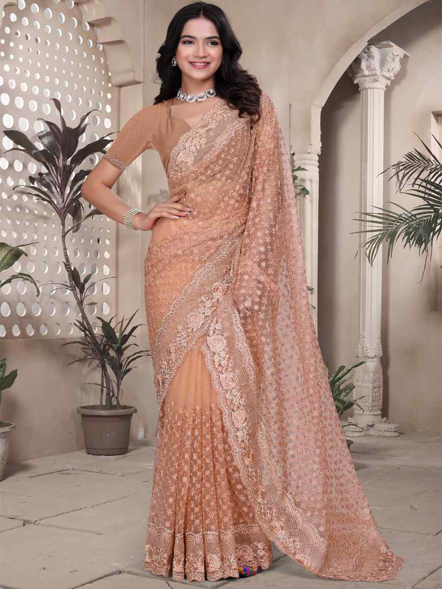Brown Net Embroidery Party Bridal Reception Festival Wedding Fancy Heavy Border Saree
