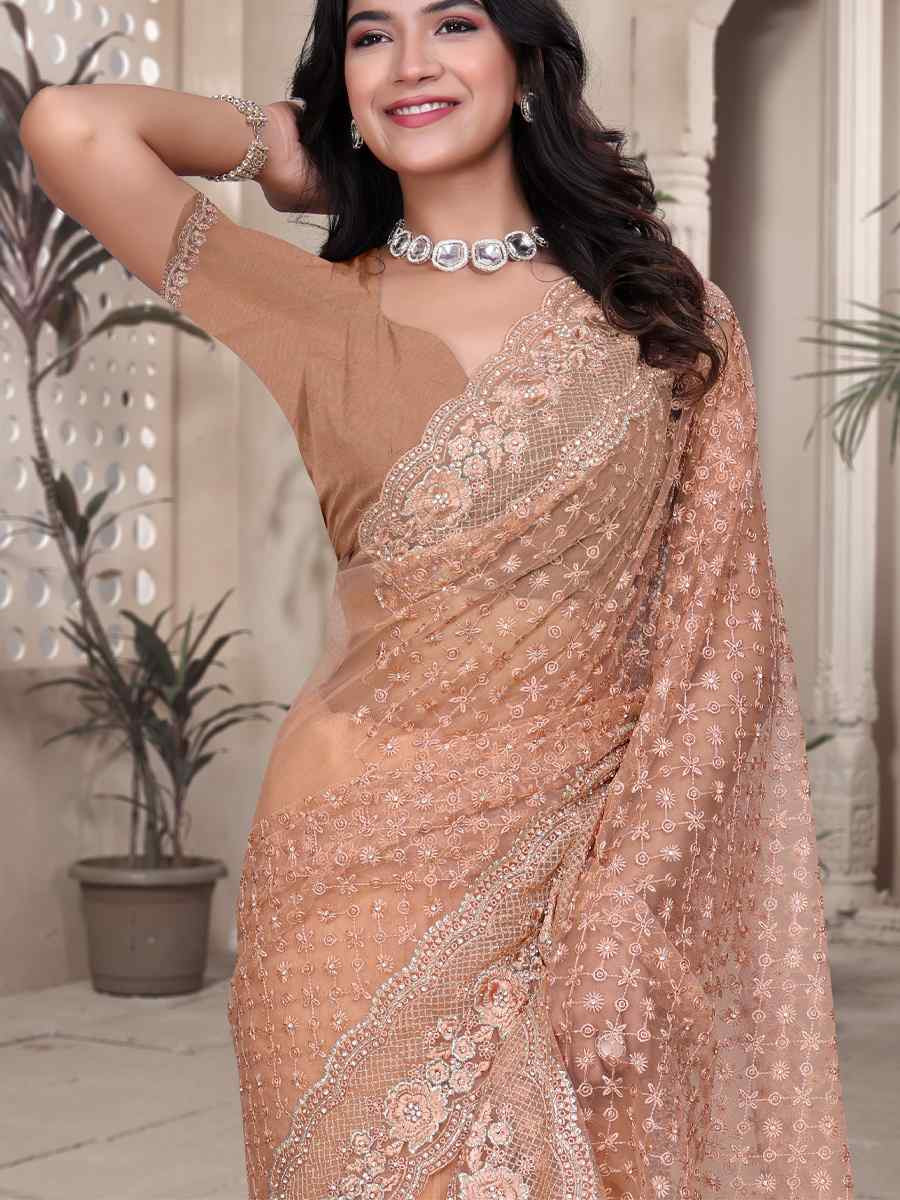 Brown Net Embroidery Party Bridal Reception Festival Wedding Fancy Heavy Border Saree