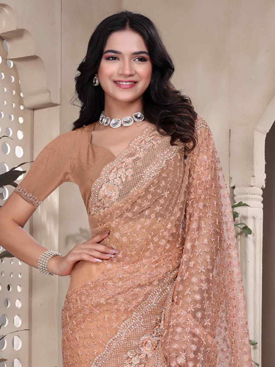 Brown Net Embroidery Party Bridal Reception Festival Wedding Fancy Heavy Border Saree