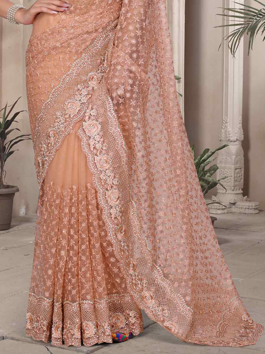 Brown Net Embroidery Party Bridal Reception Festival Wedding Fancy Heavy Border Saree