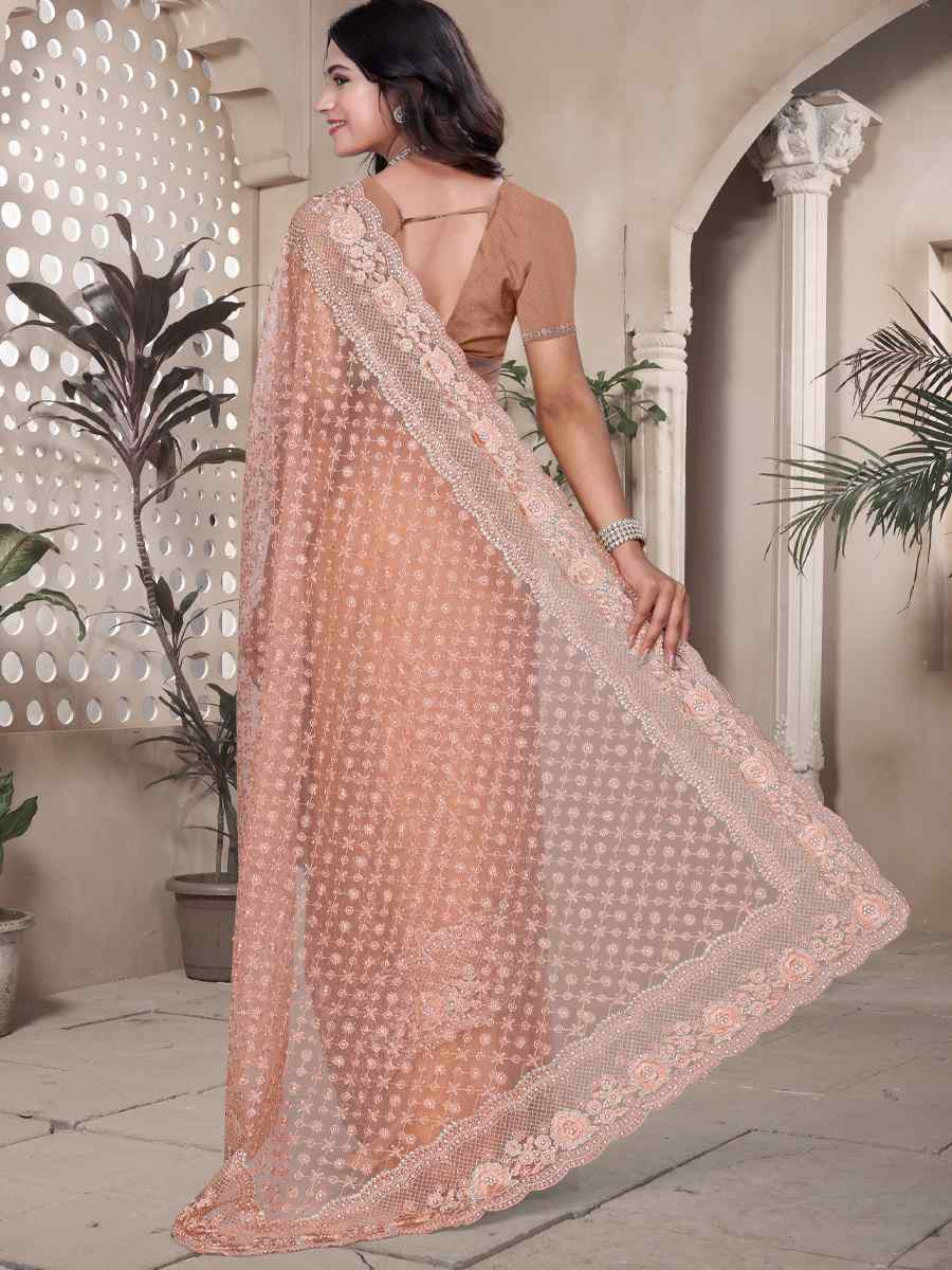 Brown Net Embroidery Party Bridal Reception Festival Wedding Fancy Heavy Border Saree