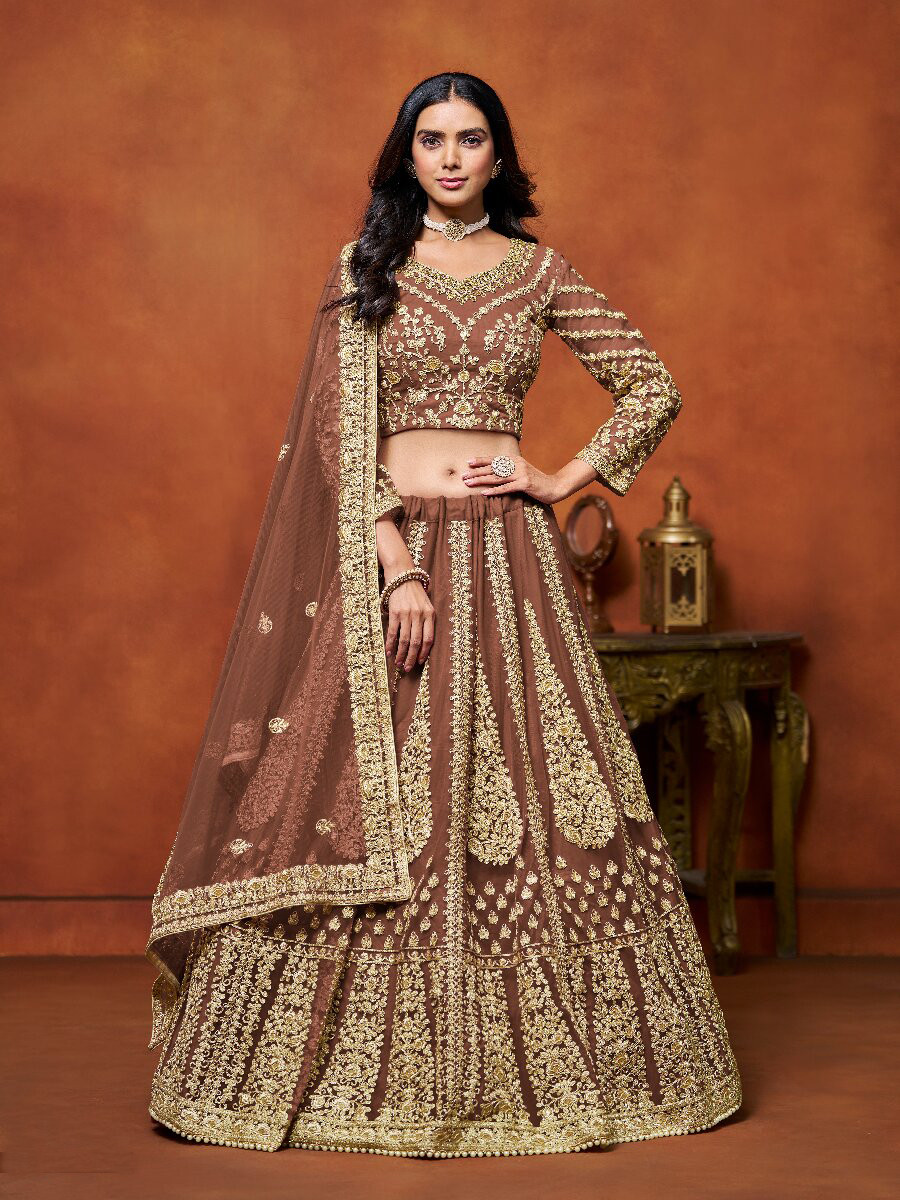 Brown Net Embroidery Zari Stone Work Wedding Reception Party Festival Heavy Border Lehenga Choli