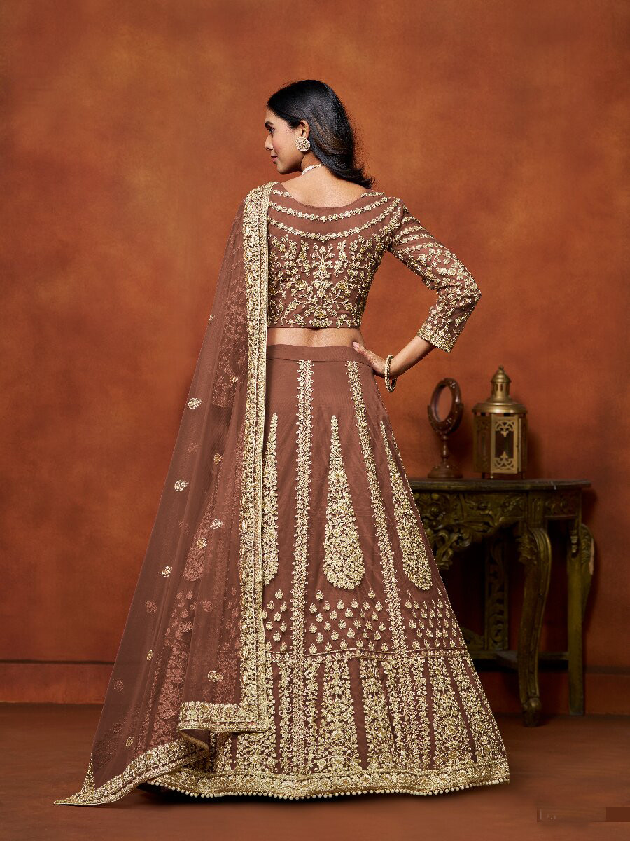 Brown Net Embroidery Zari Stone Work Wedding Reception Party Festival Heavy Border Lehenga Choli