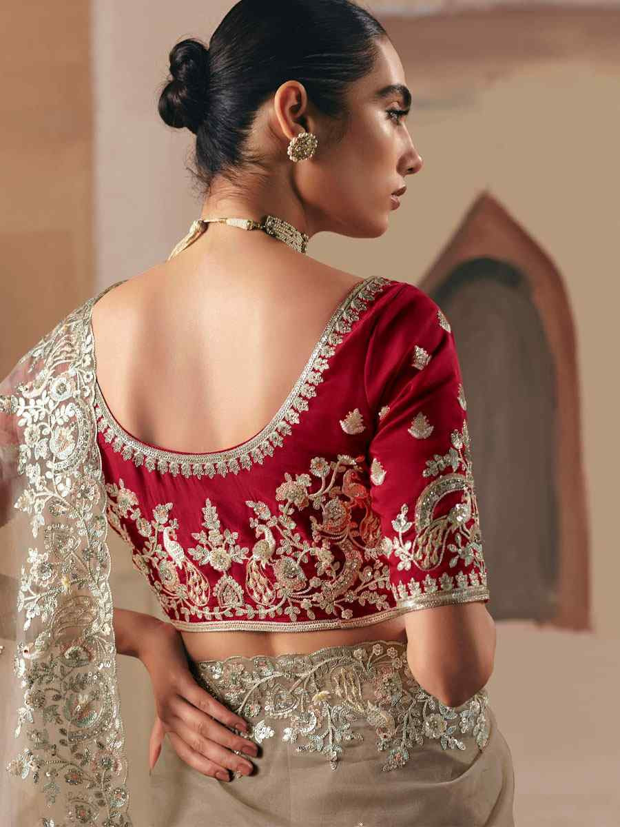 Brown Organza Embroidery Zari Bridal Reception Festival Wedding Fancy Heavy Border Saree