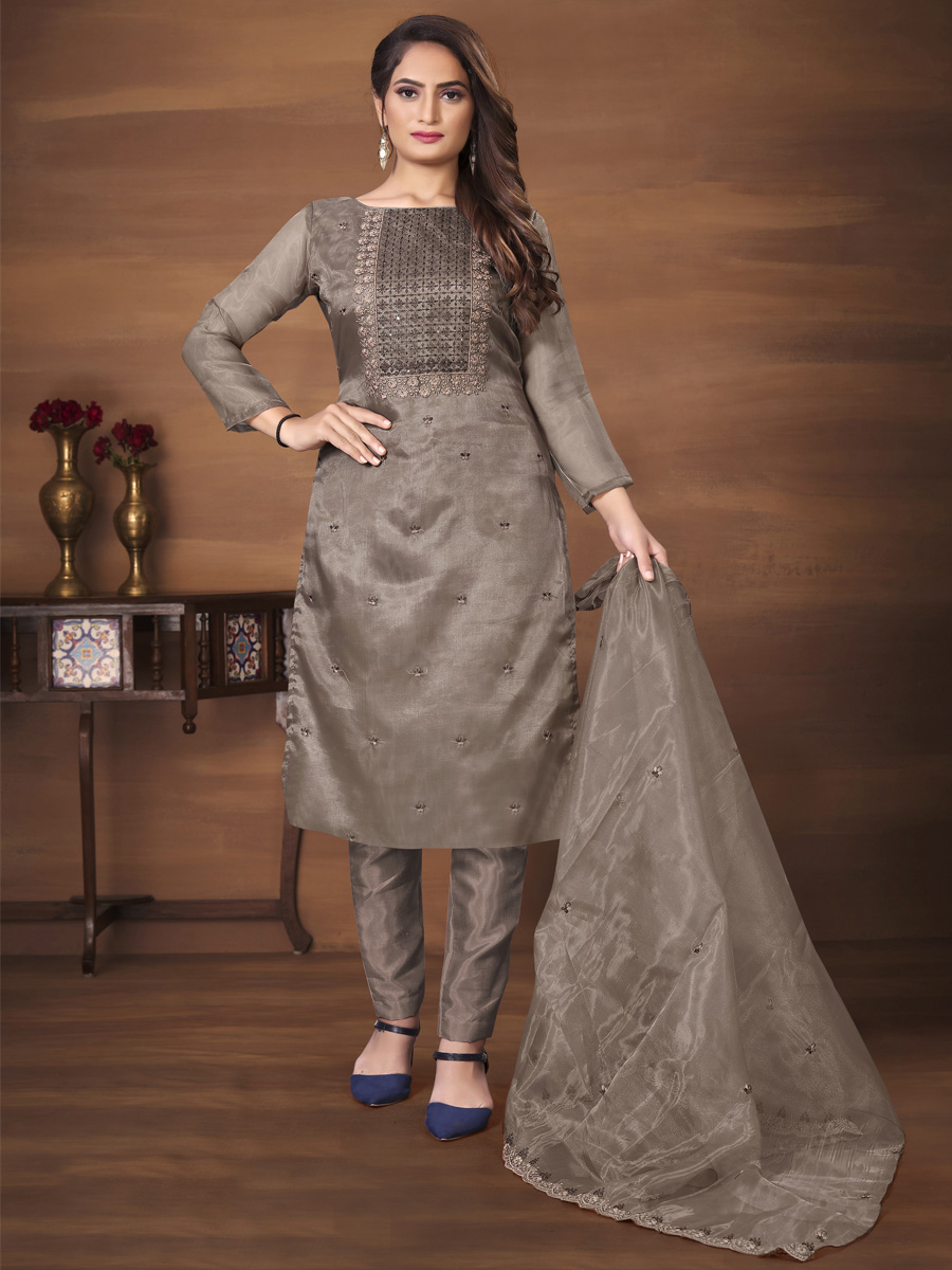 Brown Organza Printed Casual Festival Pant Salwar Kameez