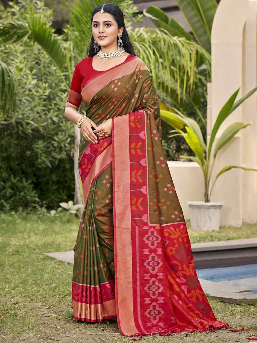 Brown Pochampalli Silk Handwoven Festival Wedding Fancy Heavy Border Saree