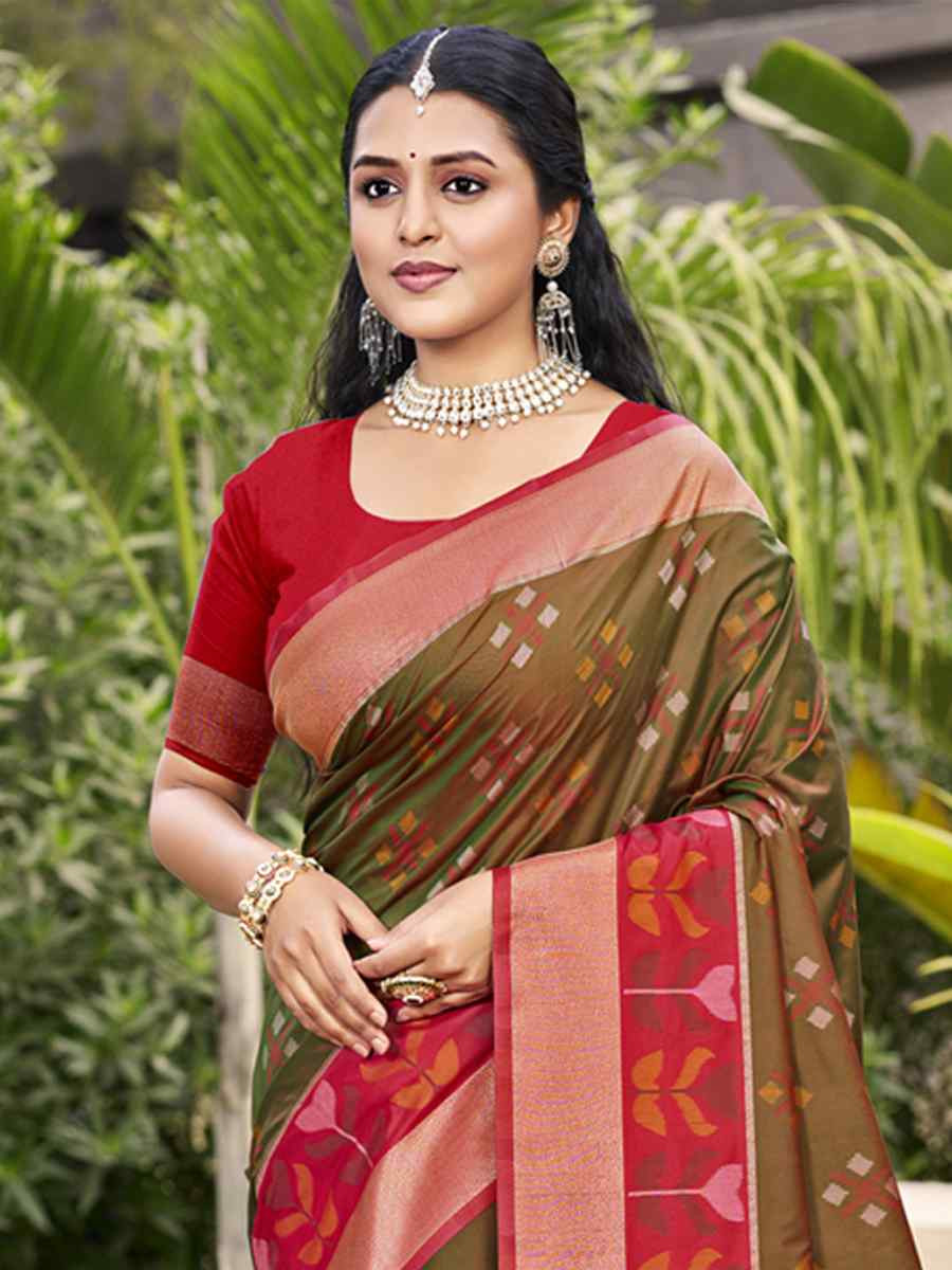 Brown Pochampalli Silk Handwoven Festival Wedding Fancy Heavy Border Saree