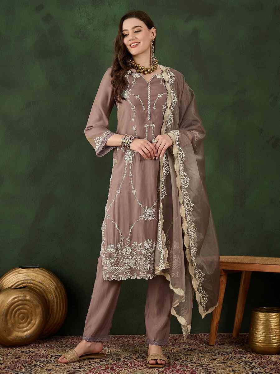 Brown Poly Chanderi Embroidered Festival Casual Ready Pant Salwar Kameez