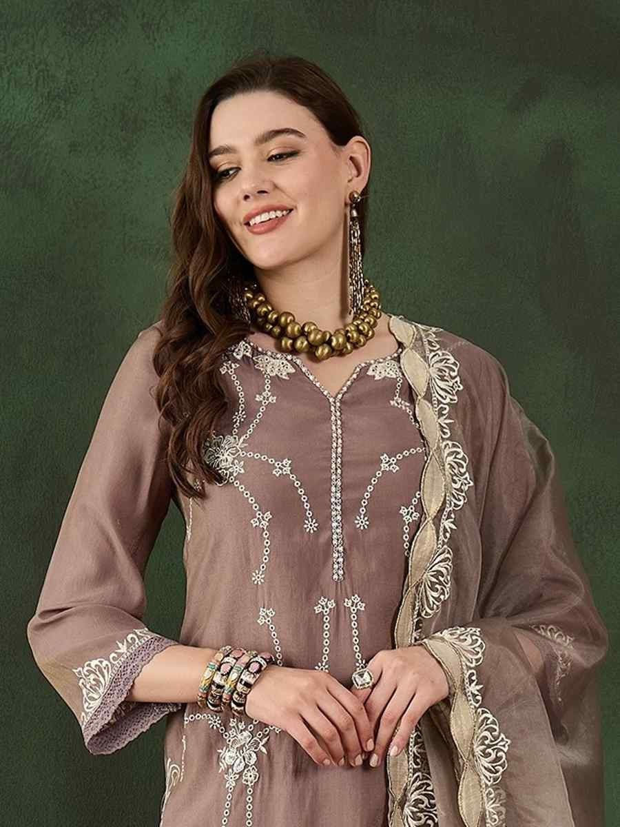 Brown Poly Chanderi Embroidered Festival Casual Ready Pant Salwar Kameez