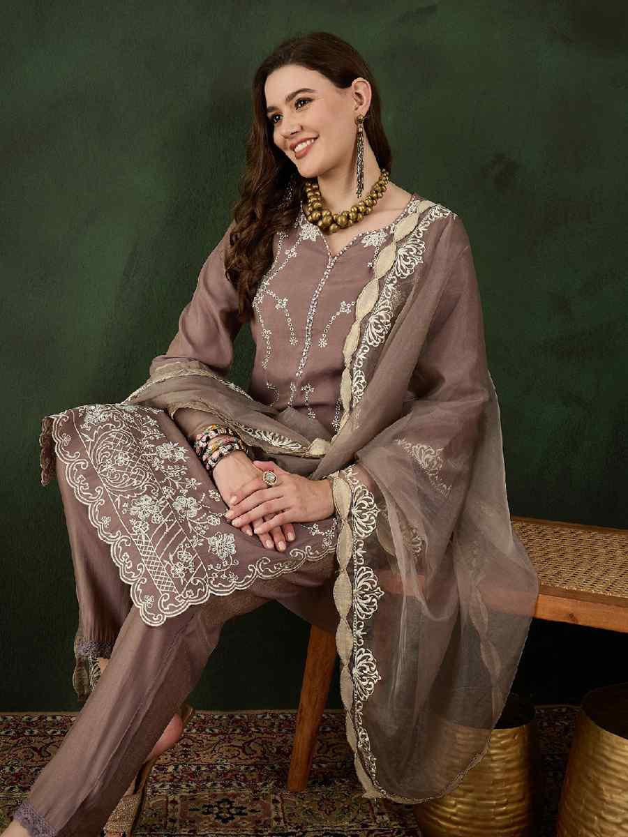 Brown Poly Chanderi Embroidered Festival Casual Ready Pant Salwar Kameez