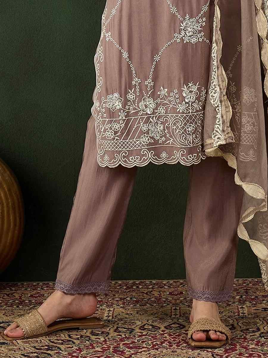 Brown Poly Chanderi Embroidered Festival Casual Ready Pant Salwar Kameez