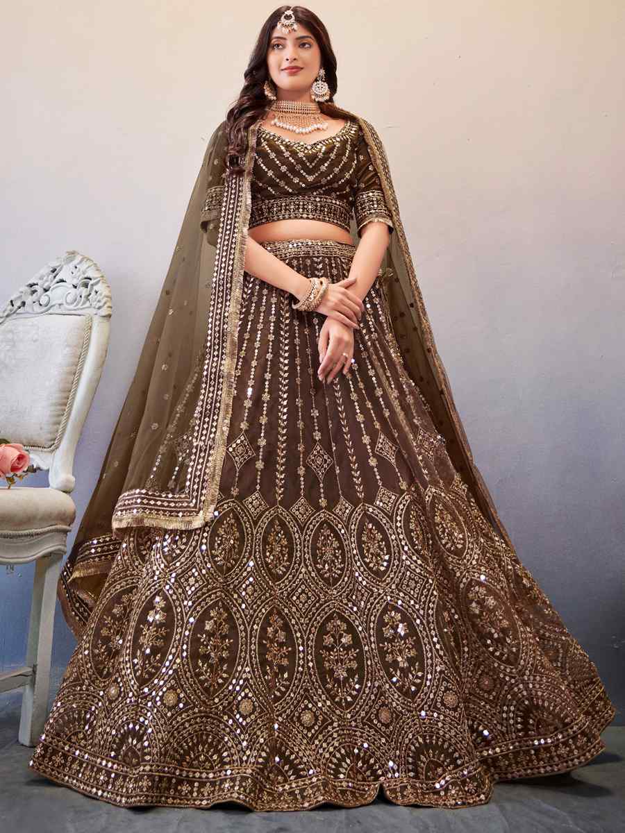 Brown Premium Butterfly Net Embroidered Festival Wedding Heavy Border Lehenga Choli