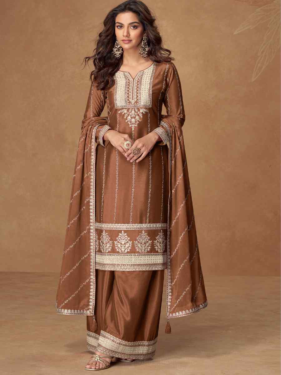 Brown Premium Chinon Silk Embroidered Festival Mehendi Ready Palazzo Salwar Kameez