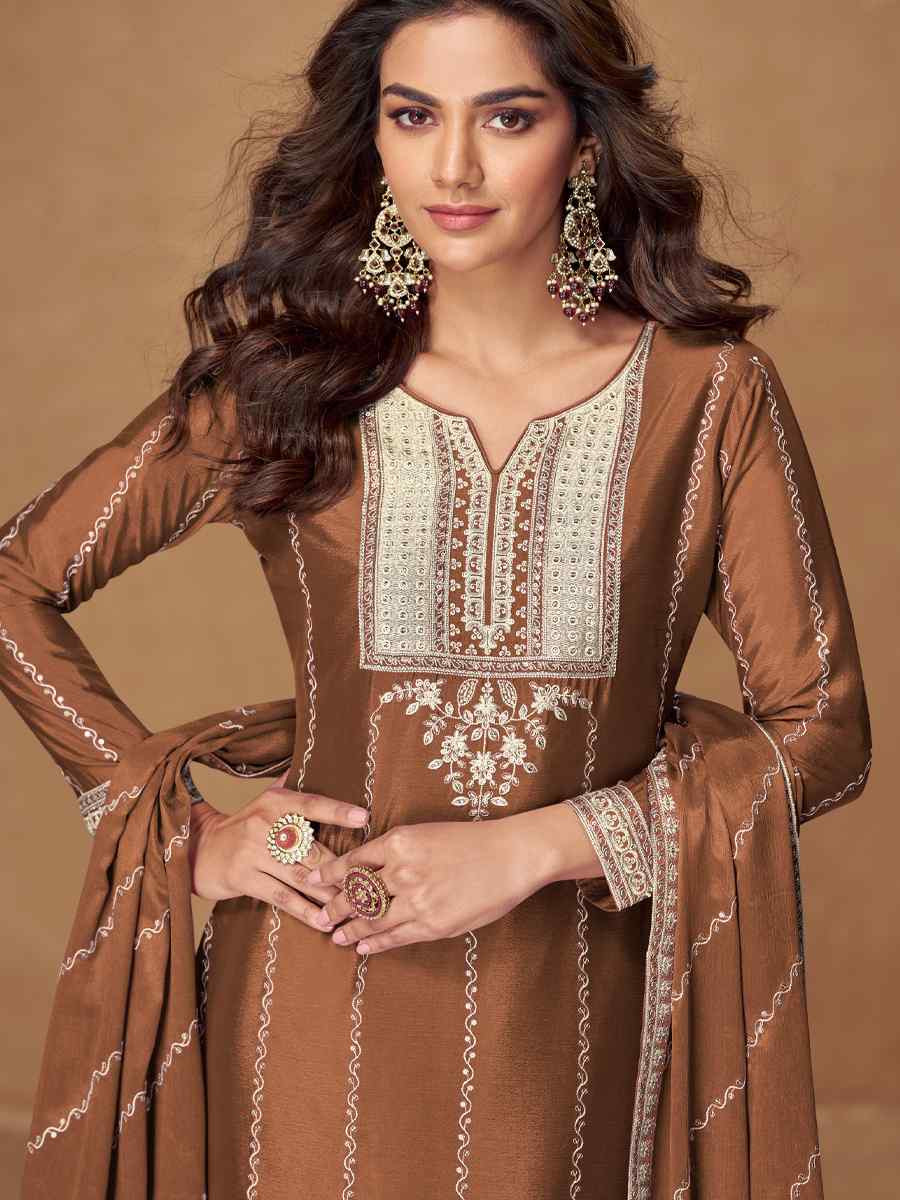 Brown Premium Chinon Silk Embroidered Festival Mehendi Ready Palazzo Salwar Kameez