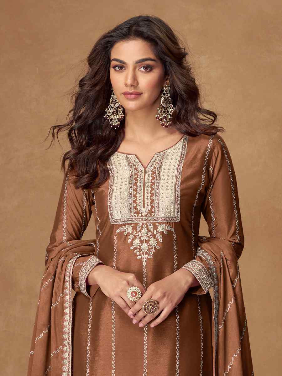 Brown Premium Chinon Silk Embroidered Festival Mehendi Ready Palazzo Salwar Kameez