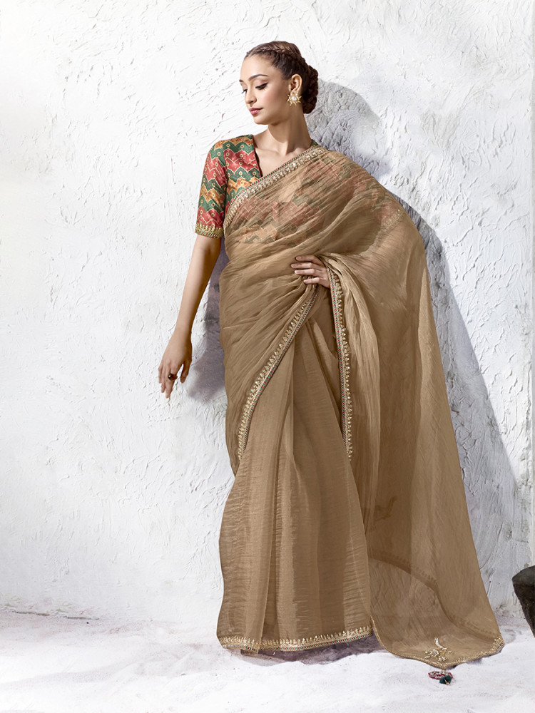 Image of Brown Premium Luxe Silk Organza Embroidery Sequins Wedding Reception Party Festival Casual Heavy Border Sarees