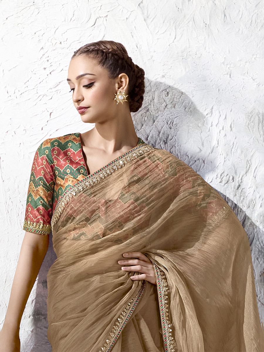 Brown Premium Luxe Silk Organza Embroidery Sequins Wedding Reception Party Festival Casual Heavy Border Sarees