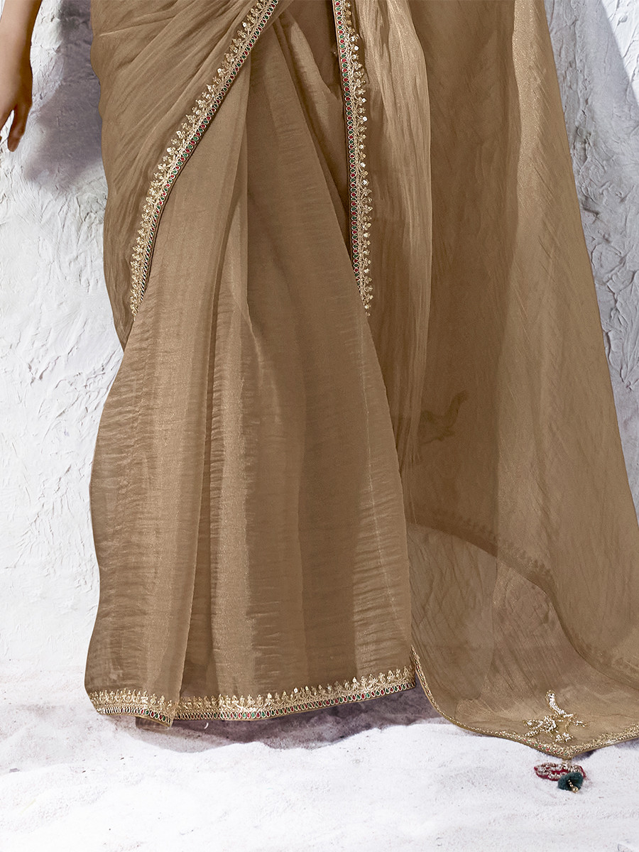 Brown Premium Luxe Silk Organza Embroidery Sequins Wedding Reception Party Festival Casual Heavy Border Sarees