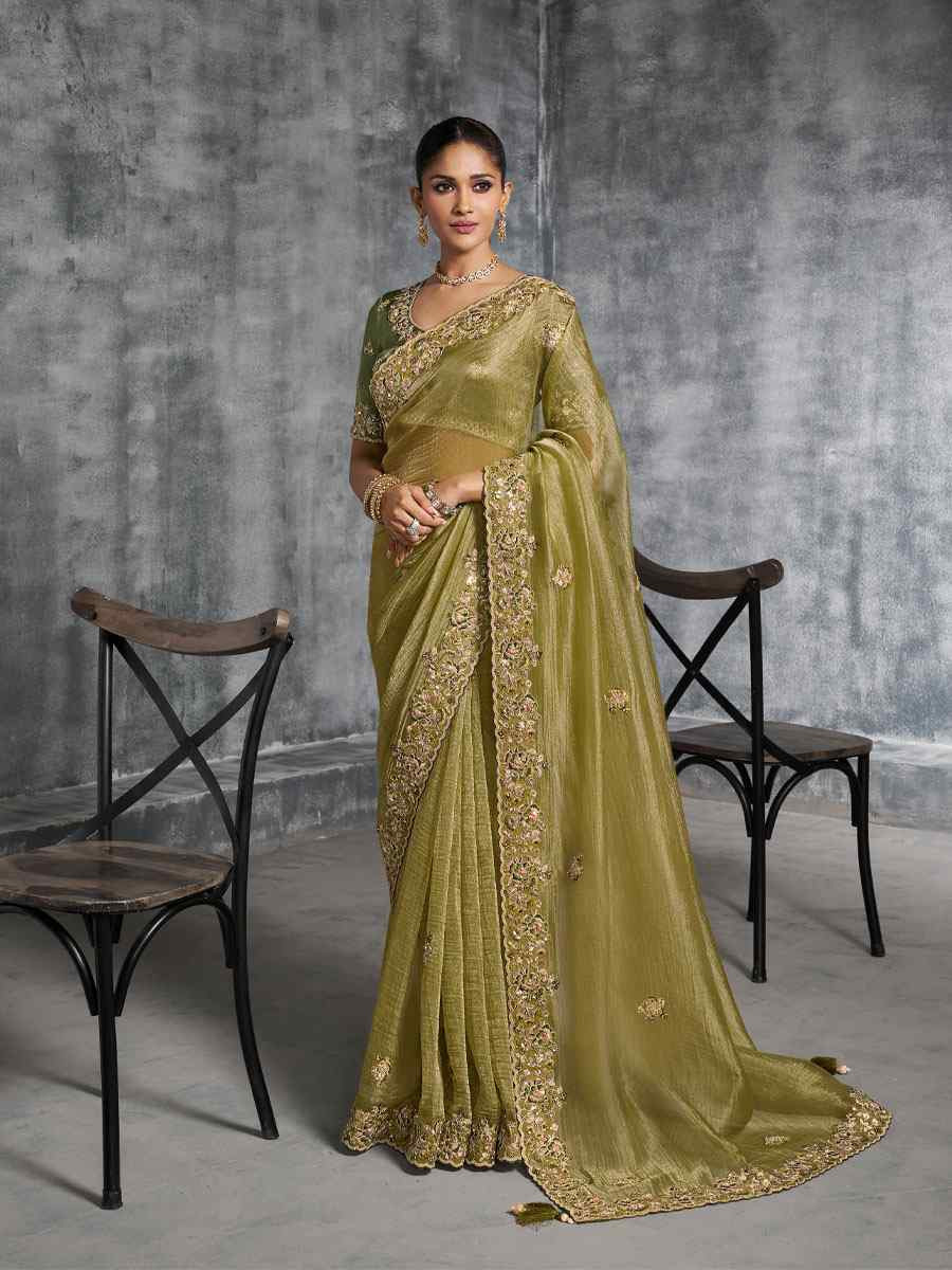 Brown Premium Tissue Silk Embroidery Traditional Casual Reception Festival Wedding Fancy Heavy Border Saree