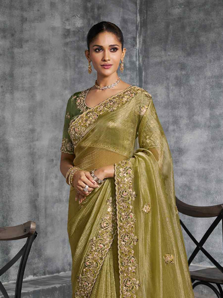 Brown Premium Tissue Silk Embroidery Traditional Casual Reception Festival Wedding Fancy Heavy Border Saree