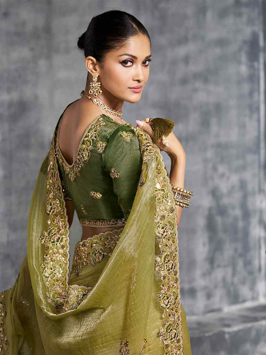 Brown Premium Tissue Silk Embroidery Traditional Casual Reception Festival Wedding Fancy Heavy Border Saree