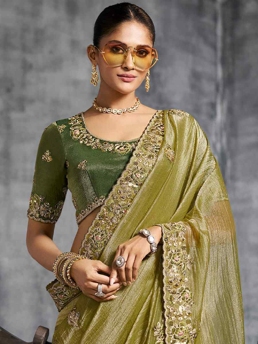 Brown Premium Tissue Silk Embroidery Traditional Casual Reception Festival Wedding Fancy Heavy Border Saree