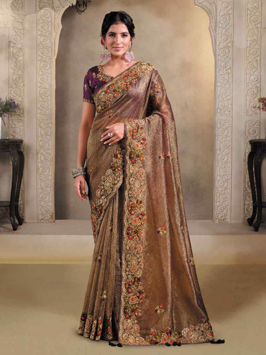Brown Pure Banarasi Crush Embroidery Festival Wedding Fancy Heavy Border Saree