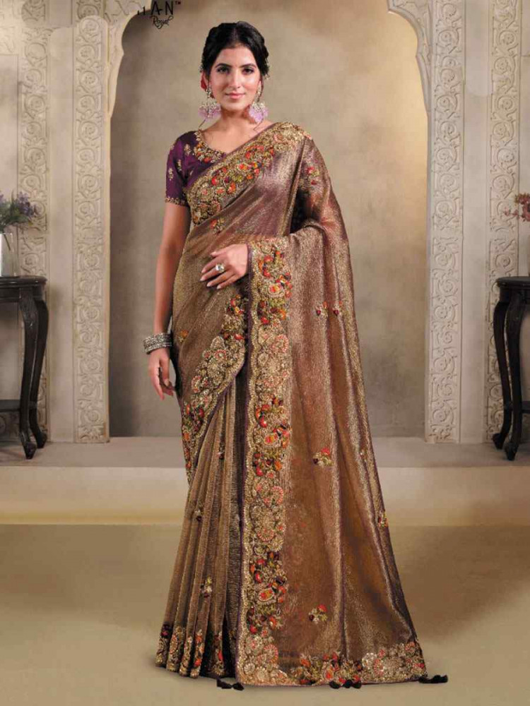 Image of Brown Pure Banarasi Crush Embroidery Festival Wedding Fancy Heavy Border Saree