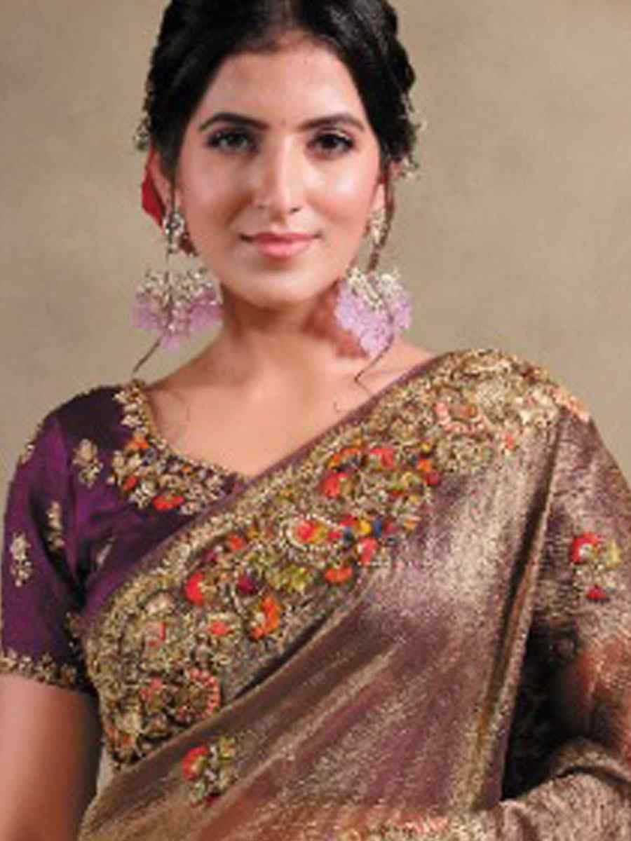 Brown Pure Banarasi Crush Embroidery Festival Wedding Fancy Heavy Border Saree