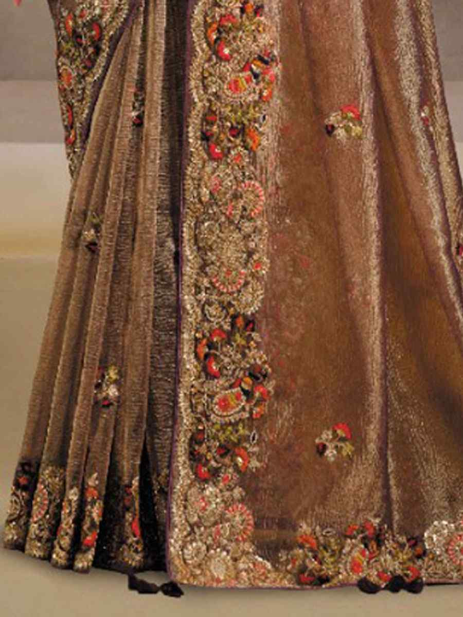 Brown Pure Banarasi Crush Embroidery Festival Wedding Fancy Heavy Border Saree