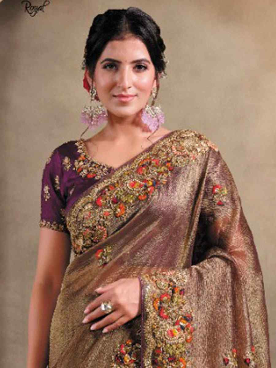 Brown Pure Banarasi Crush Embroidery Festival Wedding Fancy Heavy Border Saree