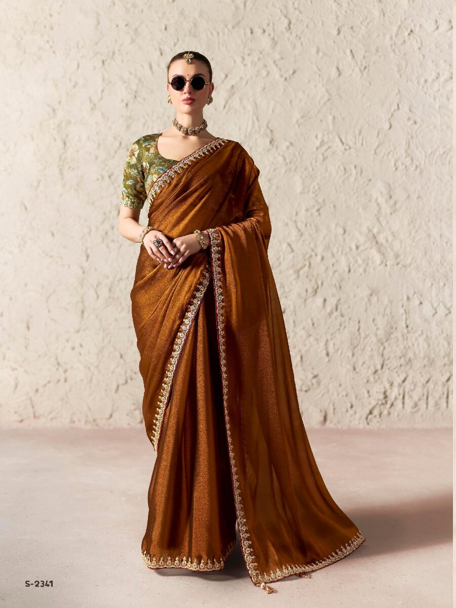 Brown Pure Fancy Tissue Silk Zari Sequins Wedding Reception Party Festival Heavy Border Sarees