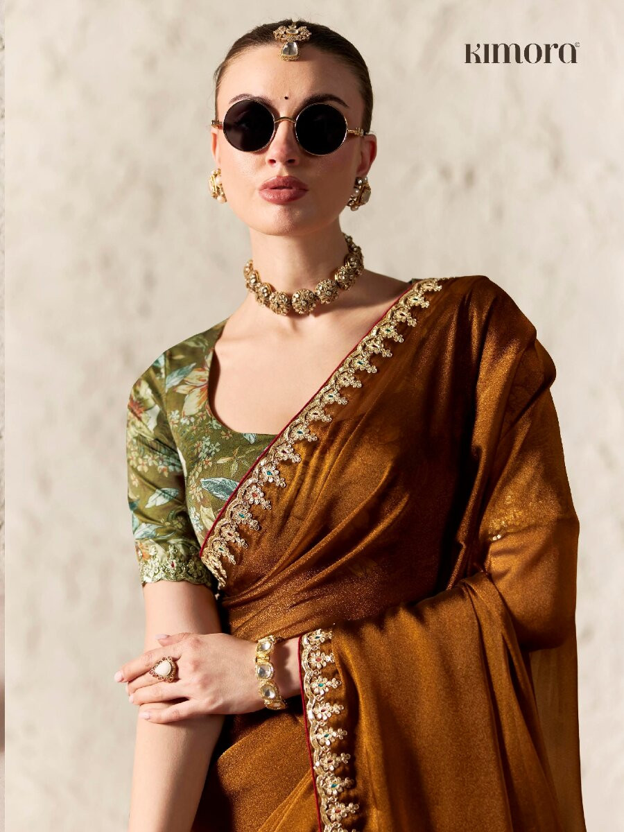 Brown Pure Fancy Tissue Silk Zari Sequins Wedding Reception Party Festival Heavy Border Sarees