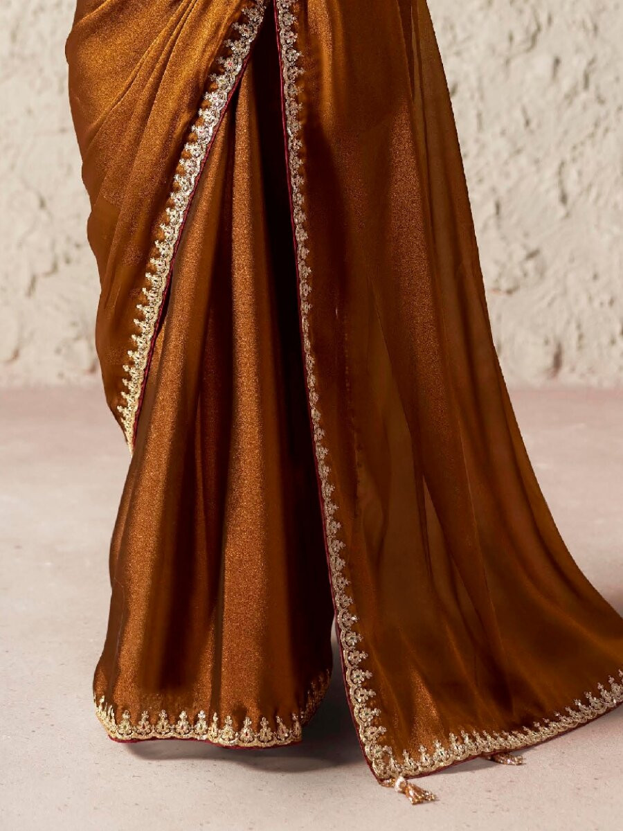 Brown Pure Fancy Tissue Silk Zari Sequins Wedding Reception Party Festival Heavy Border Sarees