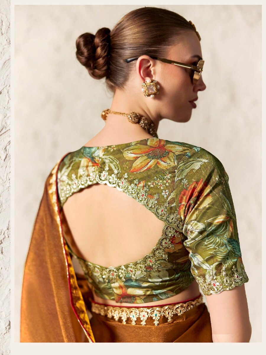 Brown Pure Fancy Tissue Silk Zari Sequins Wedding Reception Party Festival Heavy Border Sarees