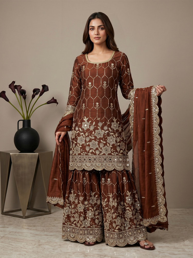 Image of Brown Pure Heavy Gmy Silk Embroidery Sequins Real Mirror Hand Work Wedding Party Festival Casual Ready Sharara Pant Salwar Kameez
