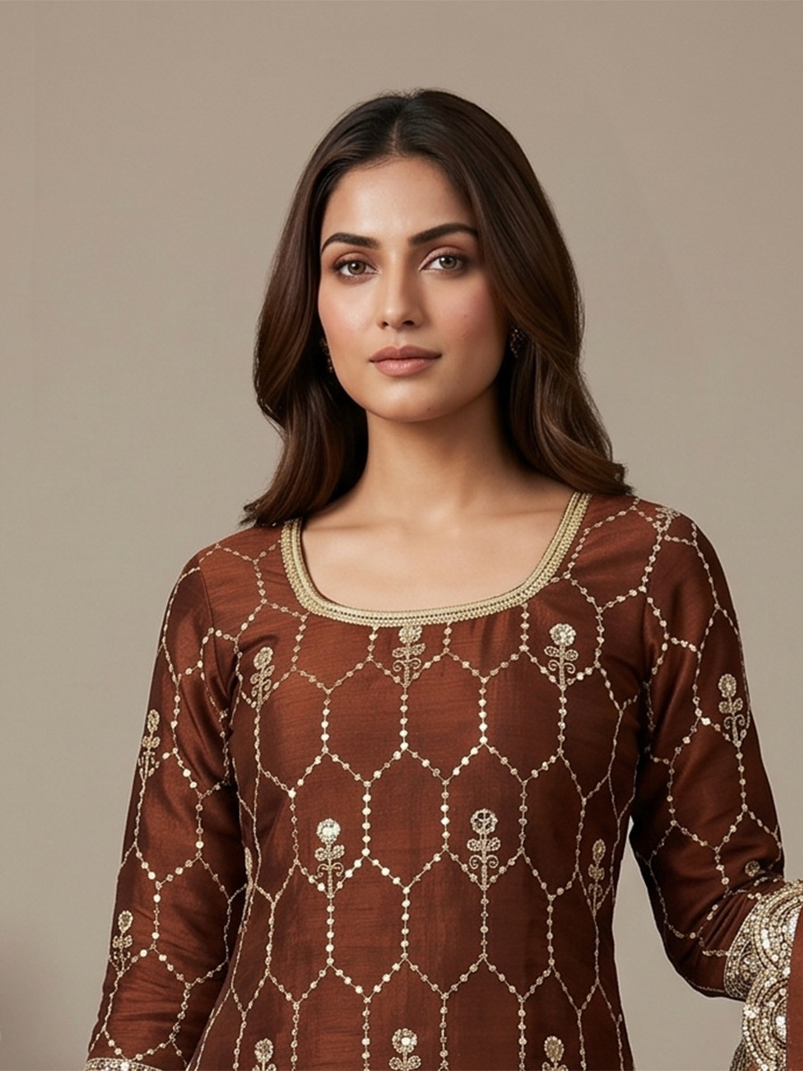 Brown Pure Heavy Gmy Silk Embroidery Sequins Real Mirror Hand Work Wedding Party Festival Casual Ready Sharara Pant Salwar Kameez
