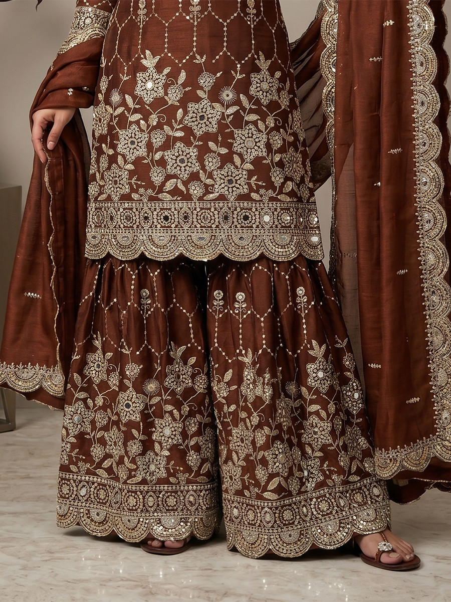 Brown Pure Heavy Gmy Silk Embroidery Sequins Real Mirror Hand Work Wedding Party Festival Casual Ready Sharara Pant Salwar Kameez